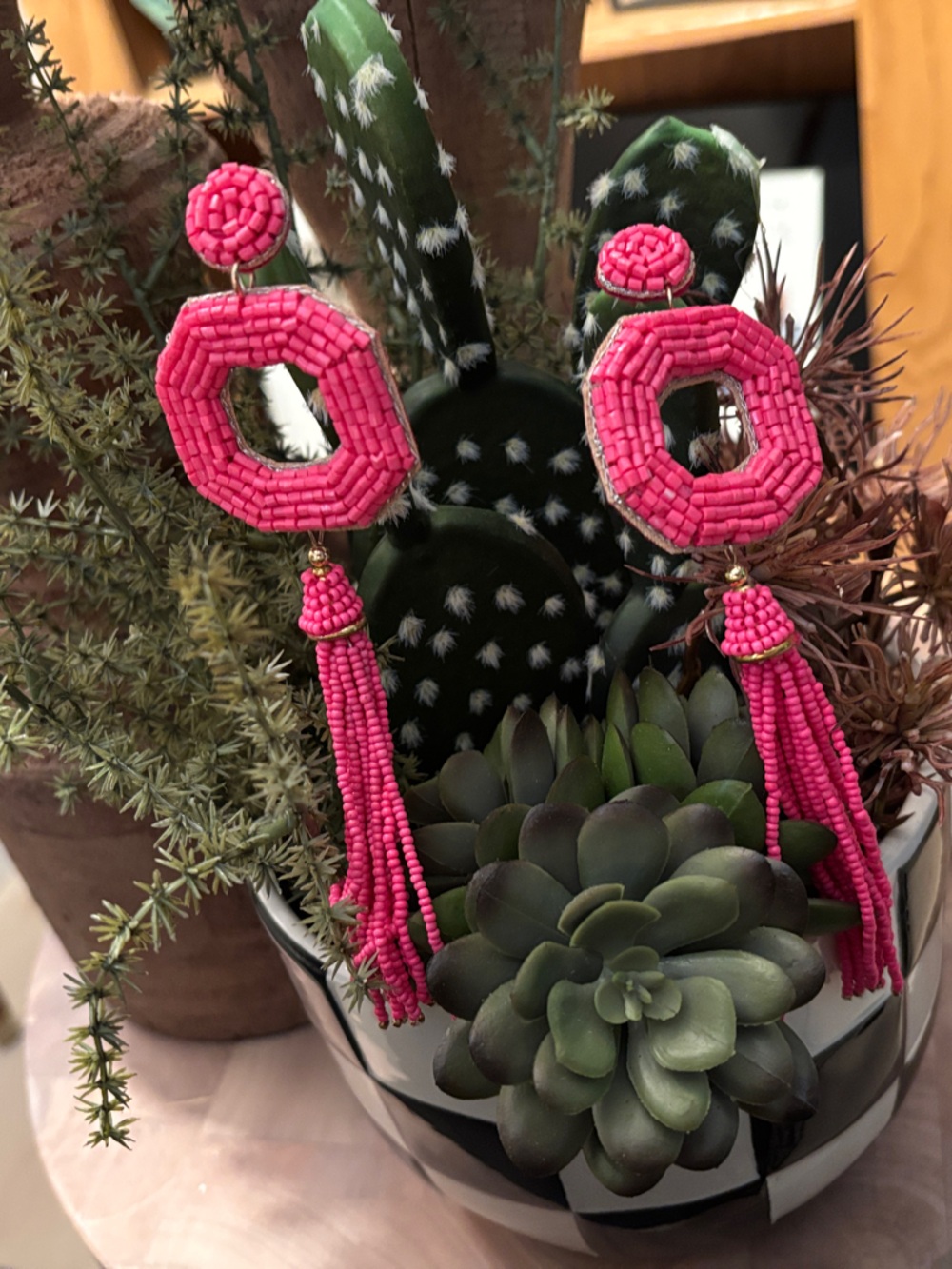 Bold Hot Pink Beaded Tassel Earrings in